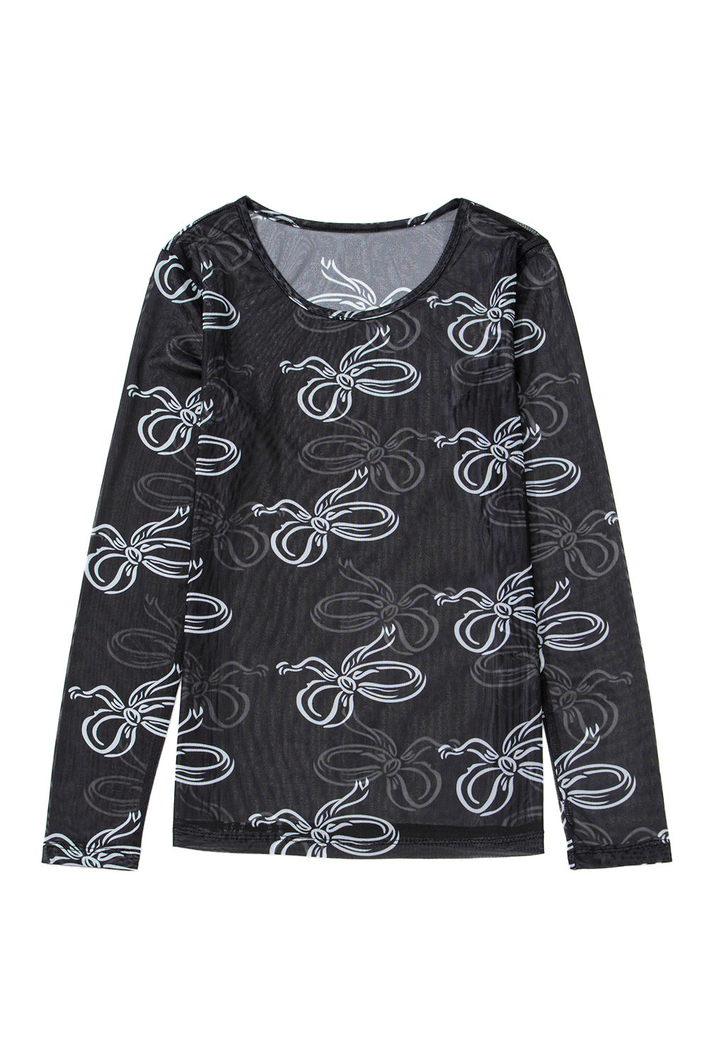 Pink Bow Print Long Sleeve Mesh Top