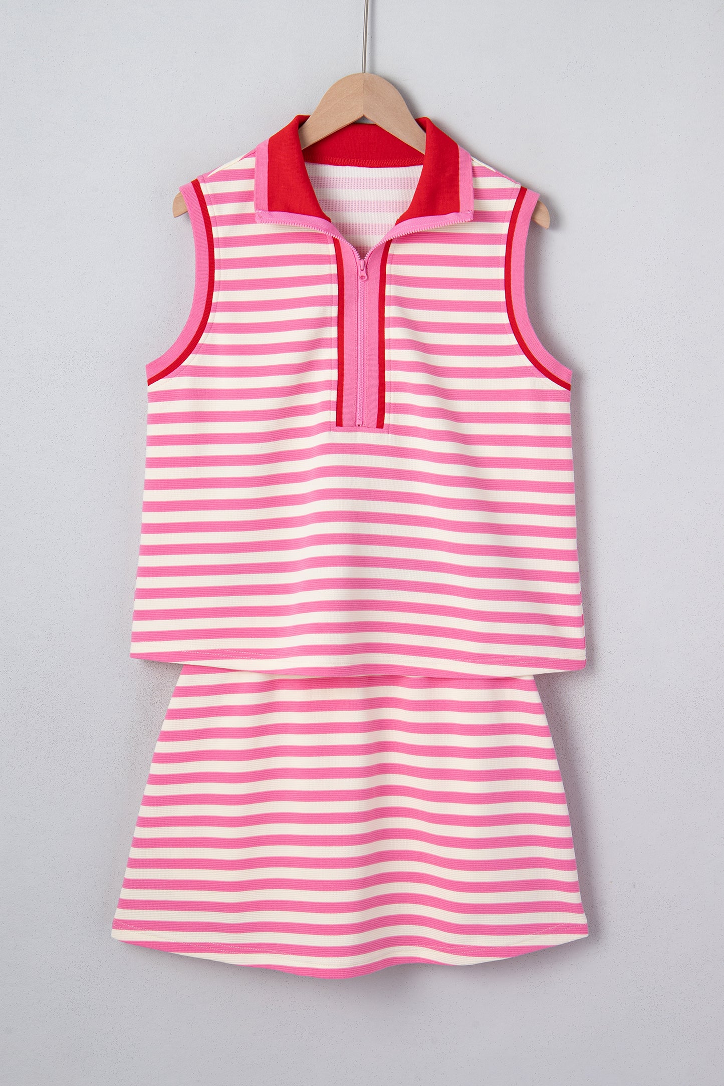 Sachet Pink Textured Stripe Print Contrast Trim Zip Collar Sleeveless 2pcs Skirt Set