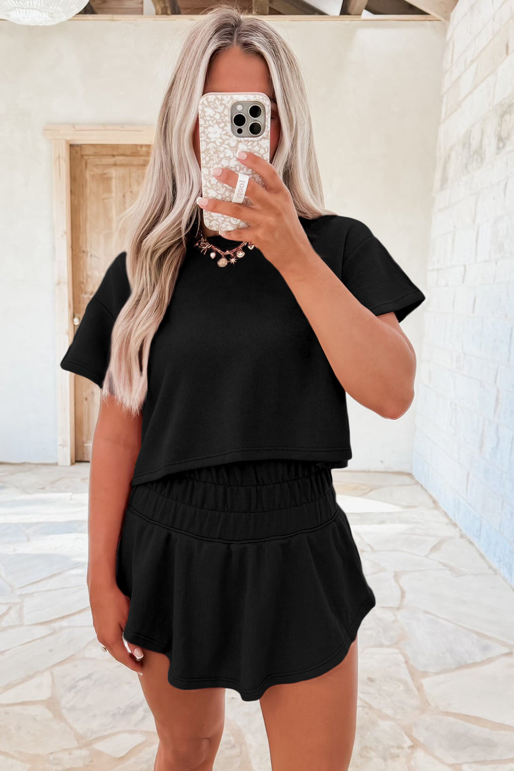 Beige Cropped Tee and Ruffle High Waist Skort Set