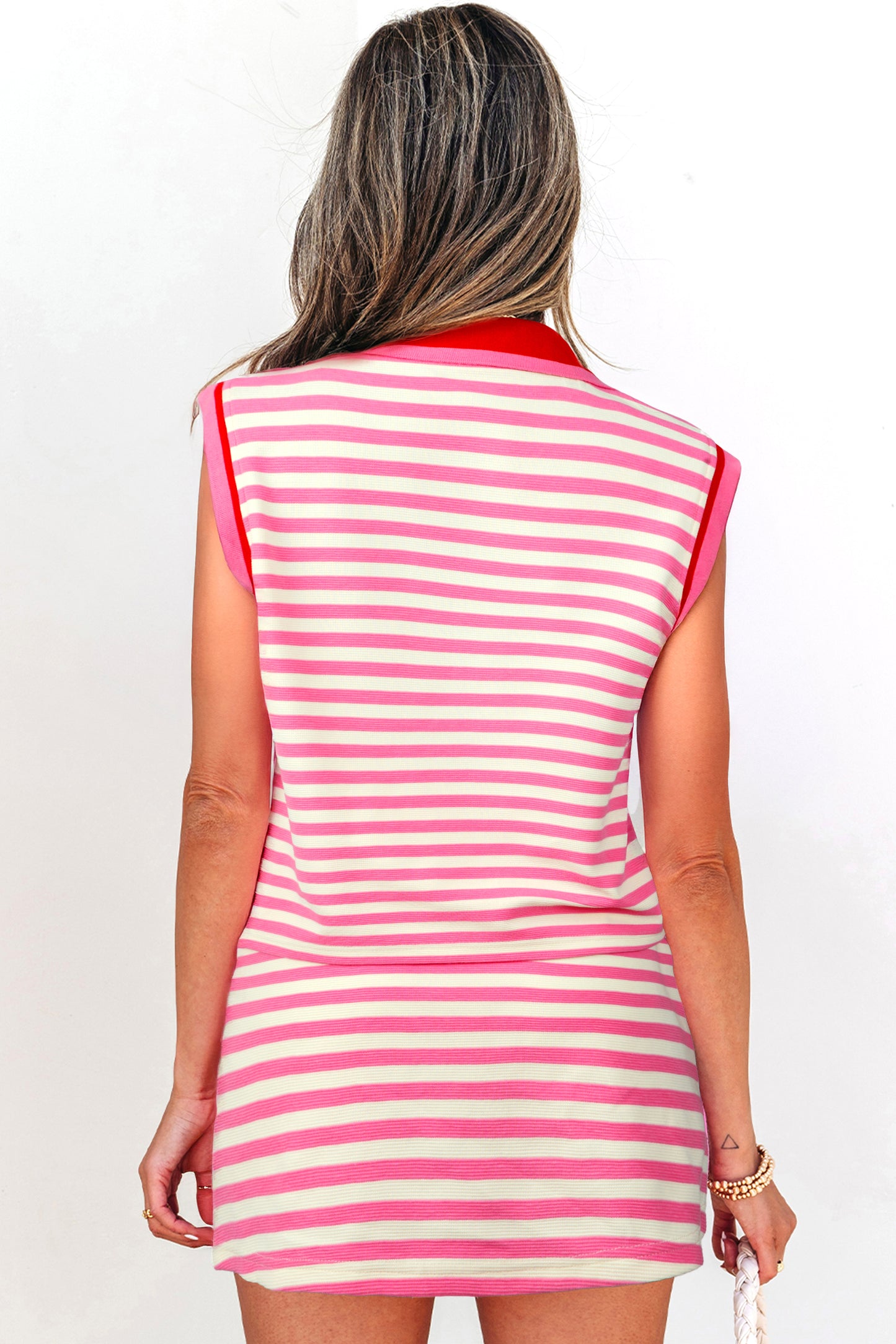 Sachet Pink Textured Stripe Print Contrast Trim Zip Collar Sleeveless 2pcs Skirt Set