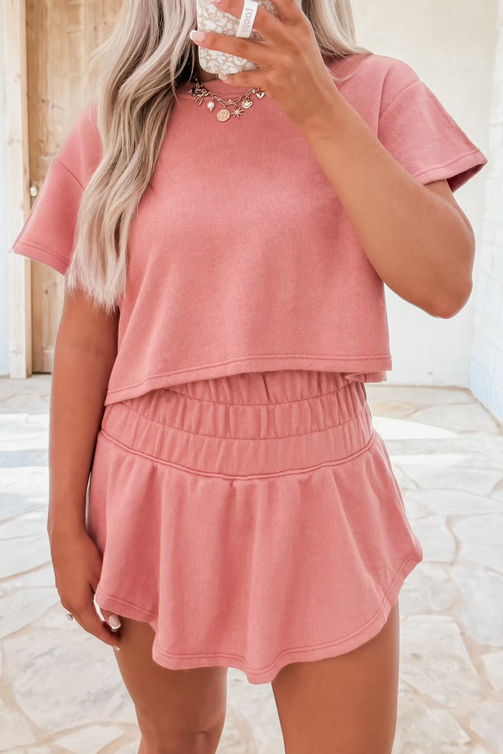 Beige Cropped Tee and Ruffle High Waist Skort Set