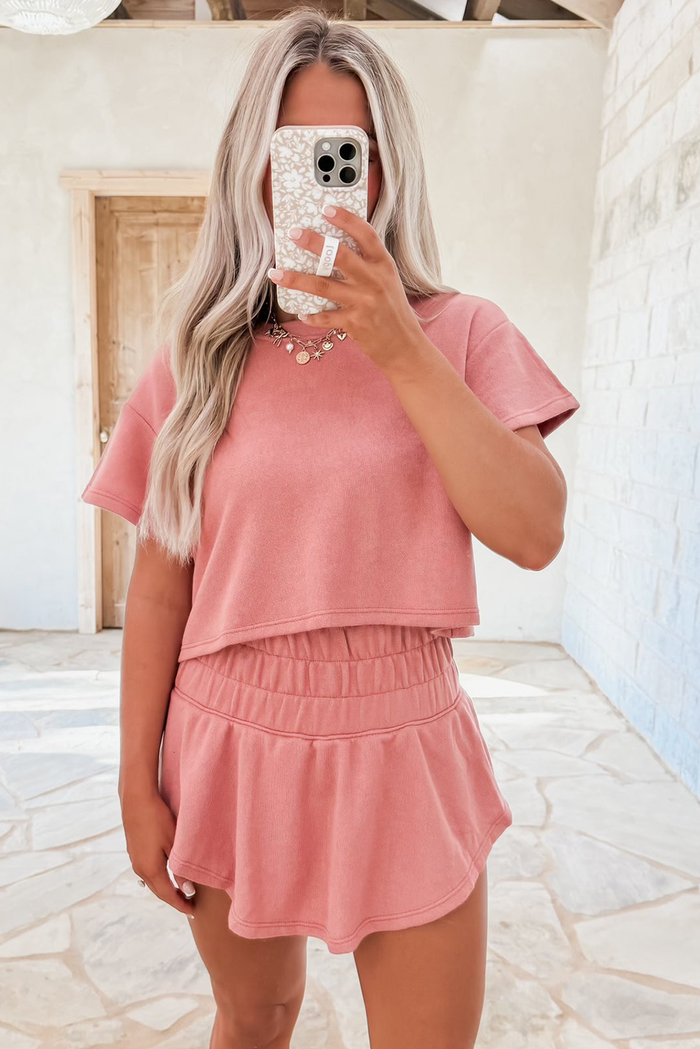 Beige Cropped Tee and Ruffle High Waist Skort Set