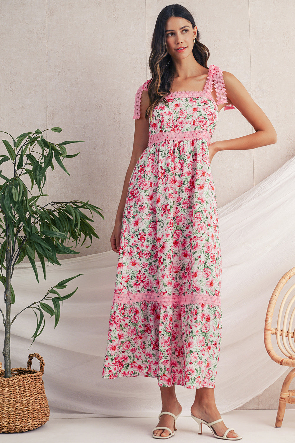 Green Floral Lace Tied Strap Empire Waist Maxi Dress