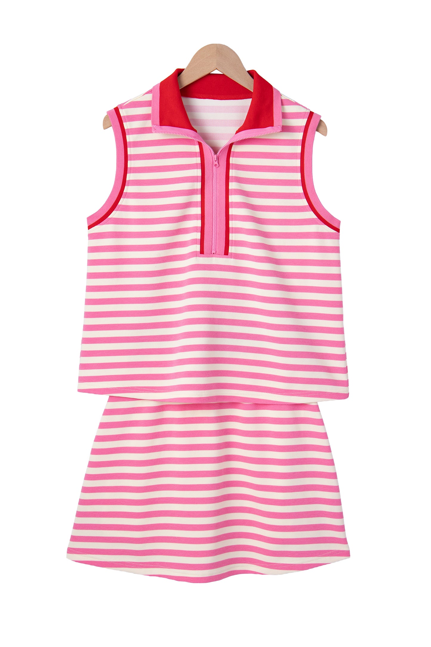 Sachet Pink Textured Stripe Print Contrast Trim Zip Collar Sleeveless 2pcs Skirt Set